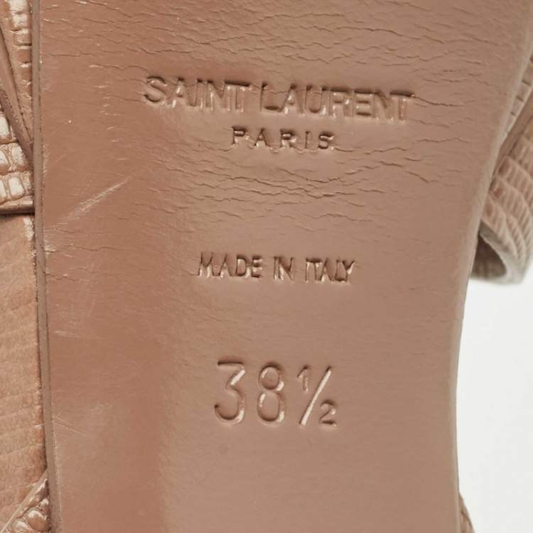 Pre Owned Saint Laurent Beige Lizard Embossed Leather Tribute Ankle Strap Sandals Size 38.5