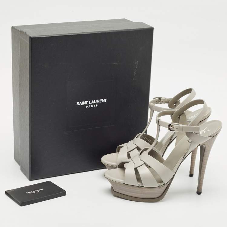 Pre Owned Saint Laurent Light Grey Leather Tribute Ankle Strap Sandals Size 39.5