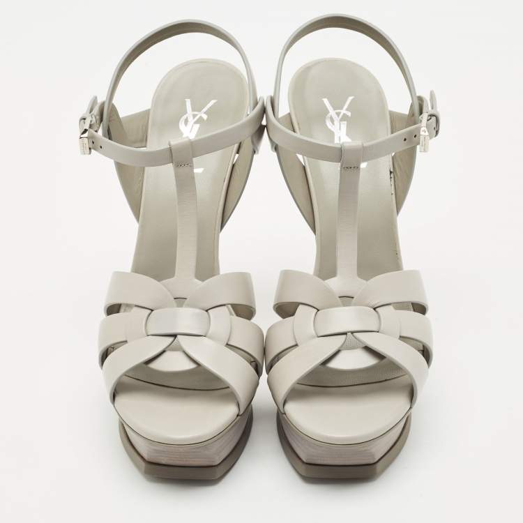 Pre Owned Saint Laurent Light Grey Leather Tribute Ankle Strap Sandals Size 39.5