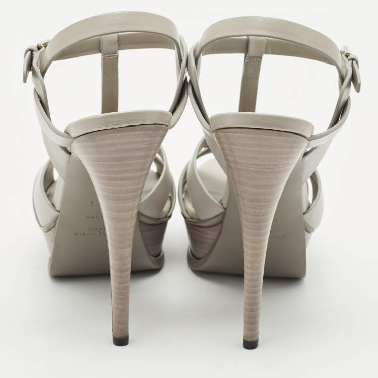 Pre Owned Saint Laurent Light Grey Leather Tribute Ankle Strap Sandals Size 39.5