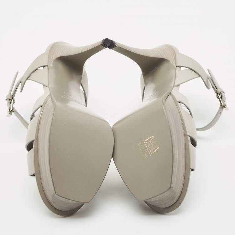 Pre Owned Saint Laurent Light Grey Leather Tribute Ankle Strap Sandals Size 39.5