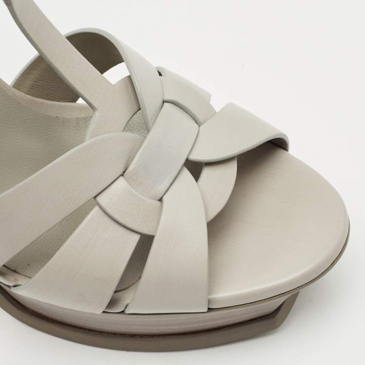 Pre Owned Saint Laurent Light Grey Leather Tribute Ankle Strap Sandals Size 39.5