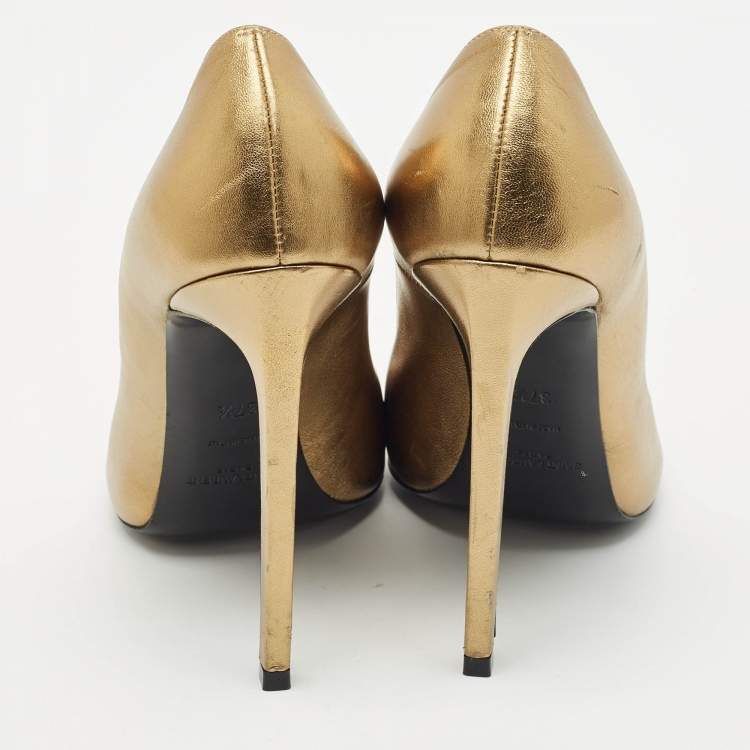 Pre Owned Saint Laurent Gold Leather Peep Toe Pumps Size 37.5