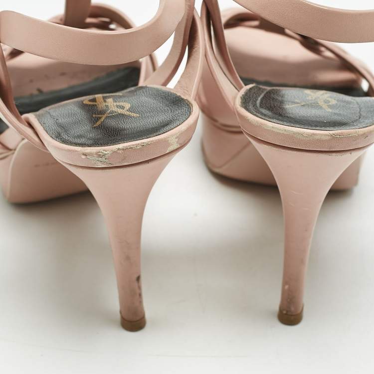 Pre Owned Saint Laurent Light Pink Leather Tribute Ankle Strap Sandals Size 37.5