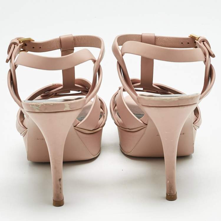 Pre Owned Saint Laurent Light Pink Leather Tribute Ankle Strap Sandals Size 37.5