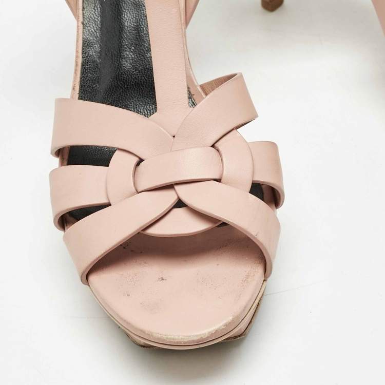 Pre Owned Saint Laurent Light Pink Leather Tribute Ankle Strap Sandals Size 37.5