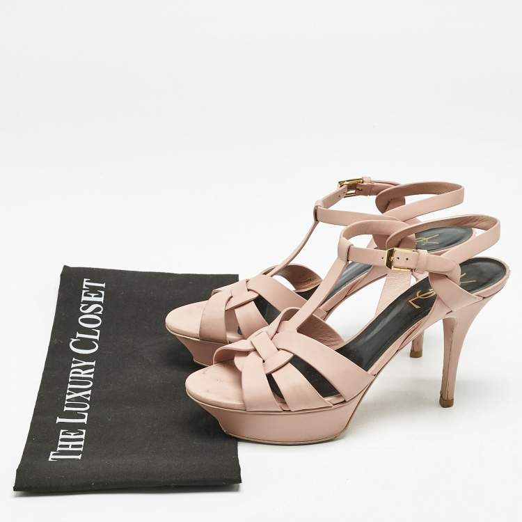 Pre Owned Saint Laurent Light Pink Leather Tribute Ankle Strap Sandals Size 37.5