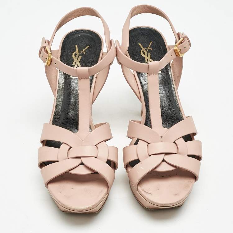 Pre Owned Saint Laurent Light Pink Leather Tribute Ankle Strap Sandals Size 37.5