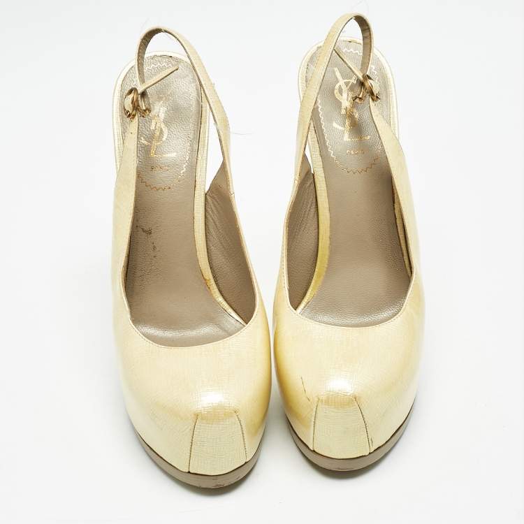 Pre Owned Saint Laurent Cream Leather Tribtoo Slingback Pumps Size 38.5