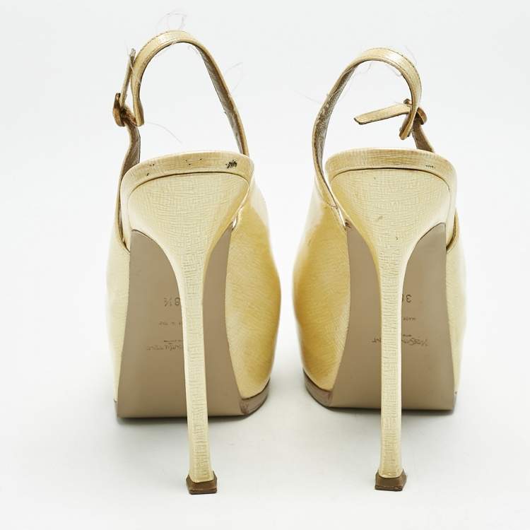 Pre Owned Saint Laurent Cream Leather Tribtoo Slingback Pumps Size 38.5