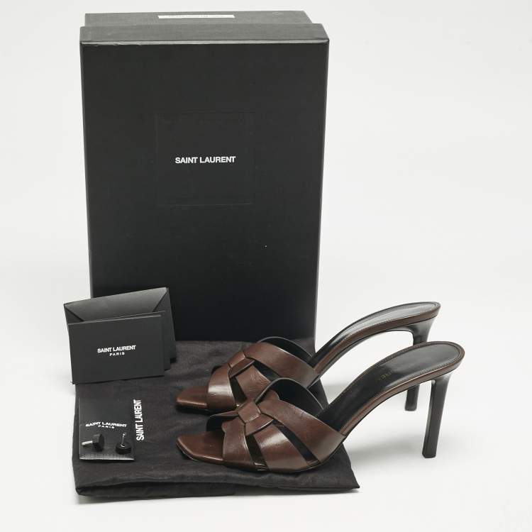 Pre Owned Saint Laurent Dark Brown Tribute Slide Sandals Size 40