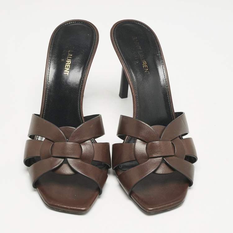 Pre Owned Saint Laurent Dark Brown Tribute Slide Sandals Size 40