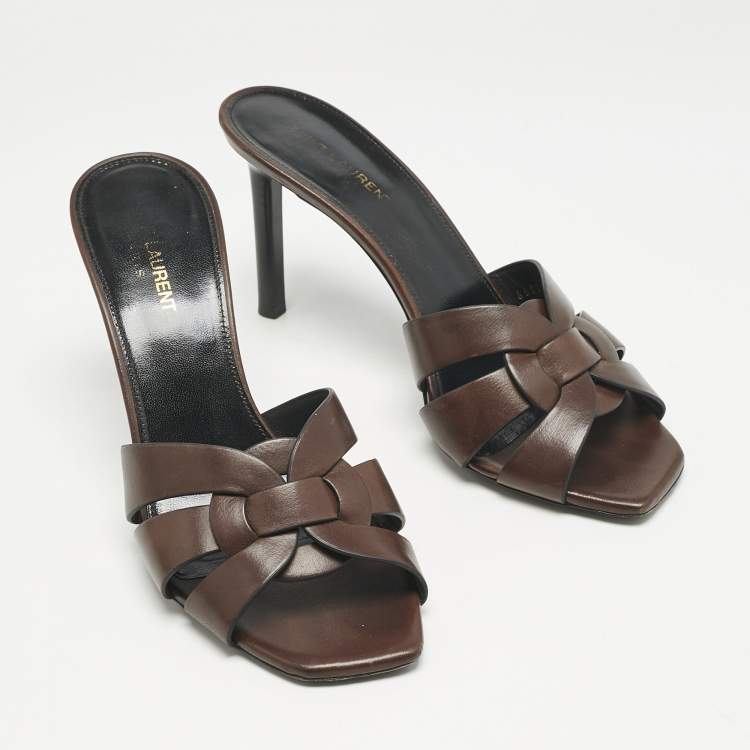 Pre Owned Saint Laurent Dark Brown Tribute Slide Sandals Size 40