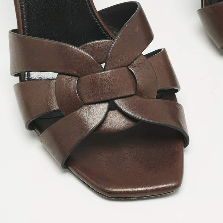 Pre Owned Saint Laurent Dark Brown Tribute Slide Sandals Size 40