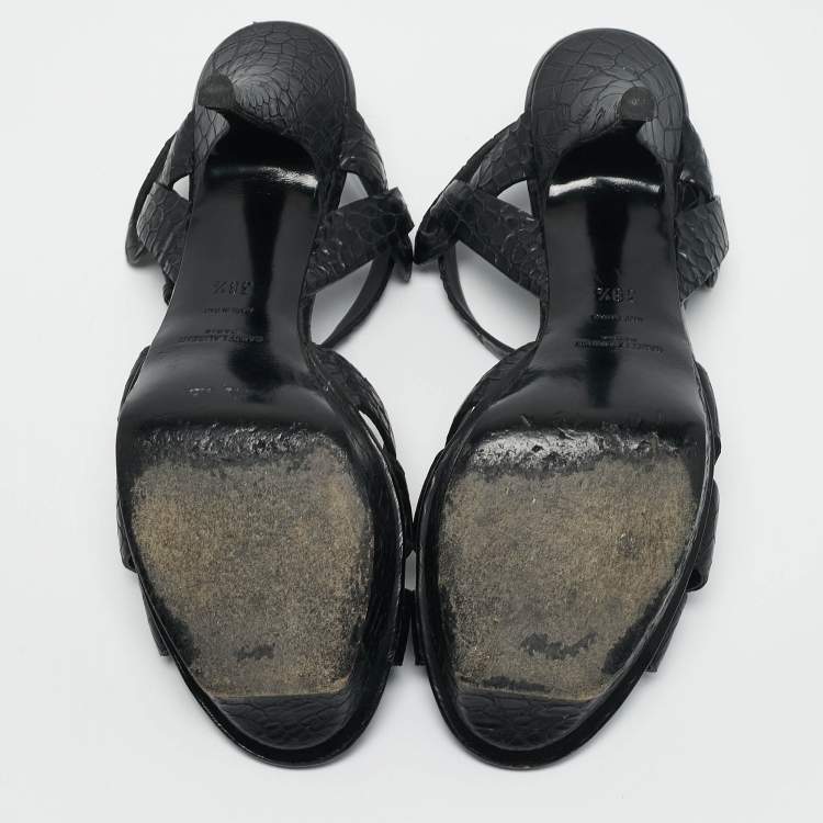Pre Owned Saint Laurent Black Croc Embossed Leather Tribute Platform Sandals Size 38.5