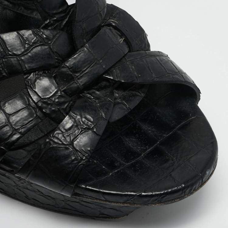 Pre Owned Saint Laurent Black Croc Embossed Leather Tribute Platform Sandals Size 38.5