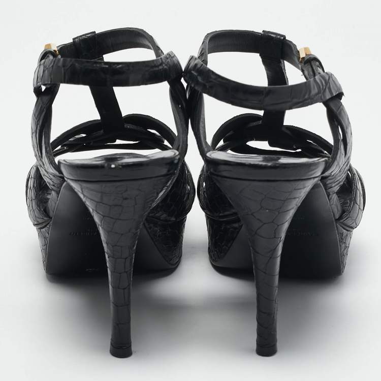Pre Owned Saint Laurent Black Croc Embossed Leather Tribute Platform Sandals Size 38.5