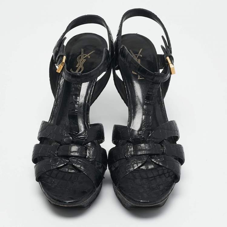 Pre Owned Saint Laurent Black Croc Embossed Leather Tribute Platform Sandals Size 38.5