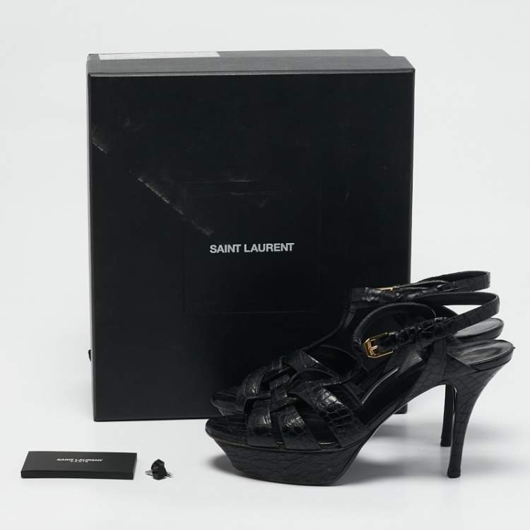 Pre Owned Saint Laurent Black Croc Embossed Leather Tribute Platform Sandals Size 38.5