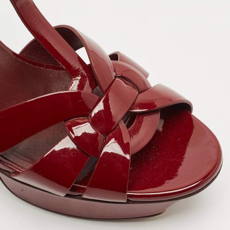 Pre Owned Saint Laurent Burgundy Patent Leather Tribute Platform Sandals Size 38.5