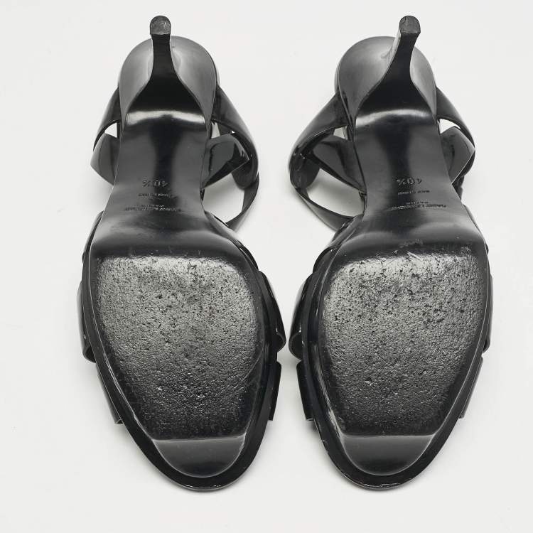 Pre Owned Saint Laurent Black Patent Leather Tribute Ankle Strap Sandals Size 40.5