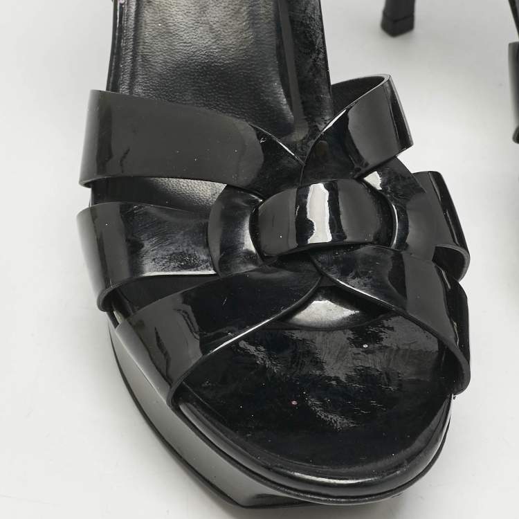 Pre Owned Saint Laurent Black Patent Leather Tribute Ankle Strap Sandals Size 40.5