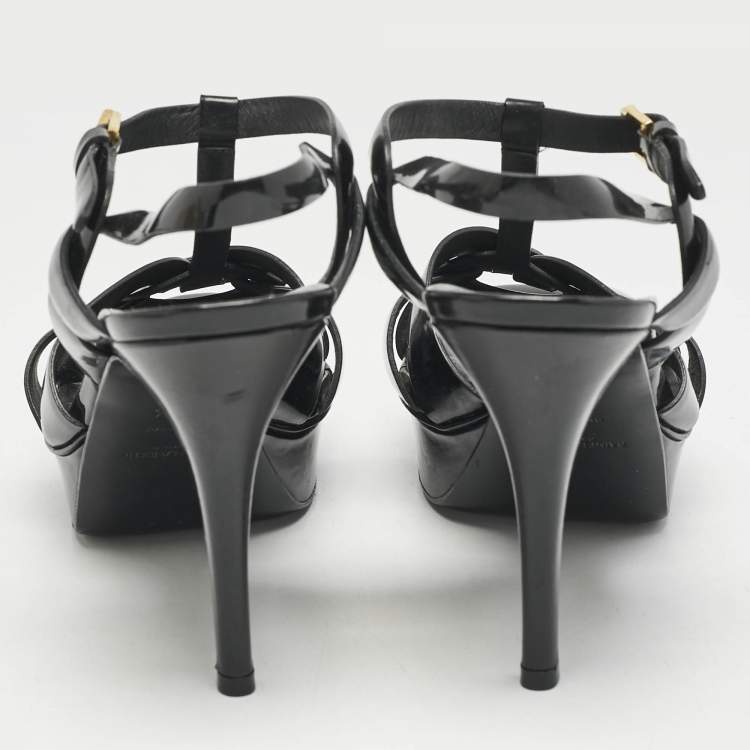 Pre Owned Saint Laurent Black Patent Leather Tribute Ankle Strap Sandals Size 40.5
