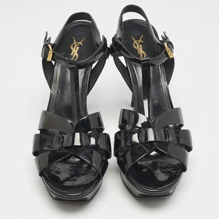 Pre Owned Saint Laurent Black Patent Leather Tribute Ankle Strap Sandals Size 40.5