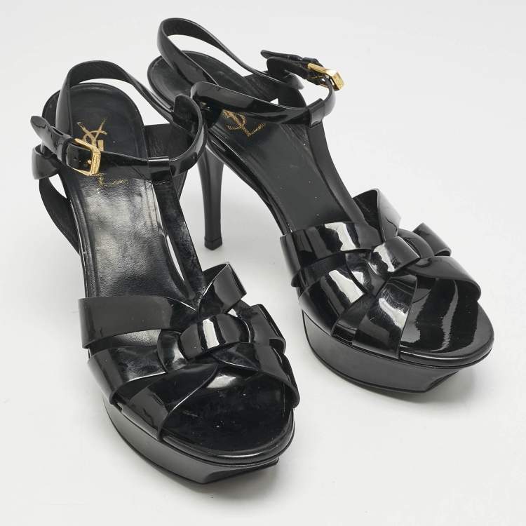 Pre Owned Saint Laurent Black Patent Leather Tribute Ankle Strap Sandals Size 40.5