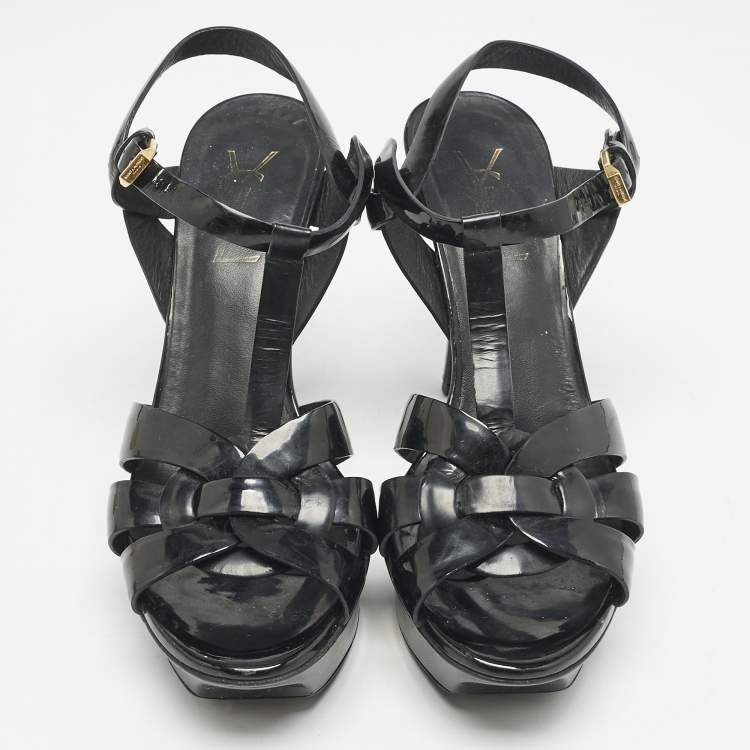 Pre Owned Saint Laurent Black Patent Leather Tribute Platform Sandals Size 36.5