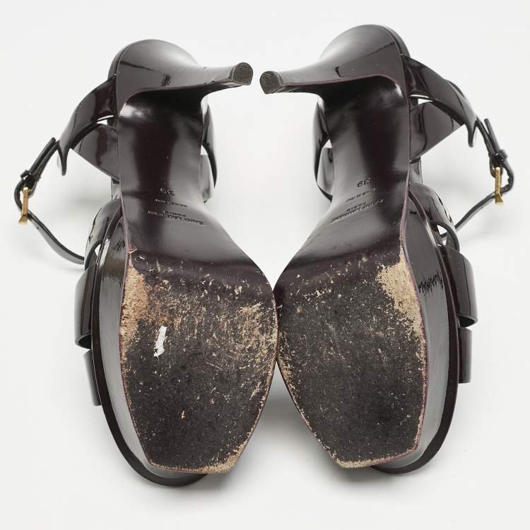 Pre Owned Saint Laurent Burgundy Patent Leather Tribute Sandals Size 39