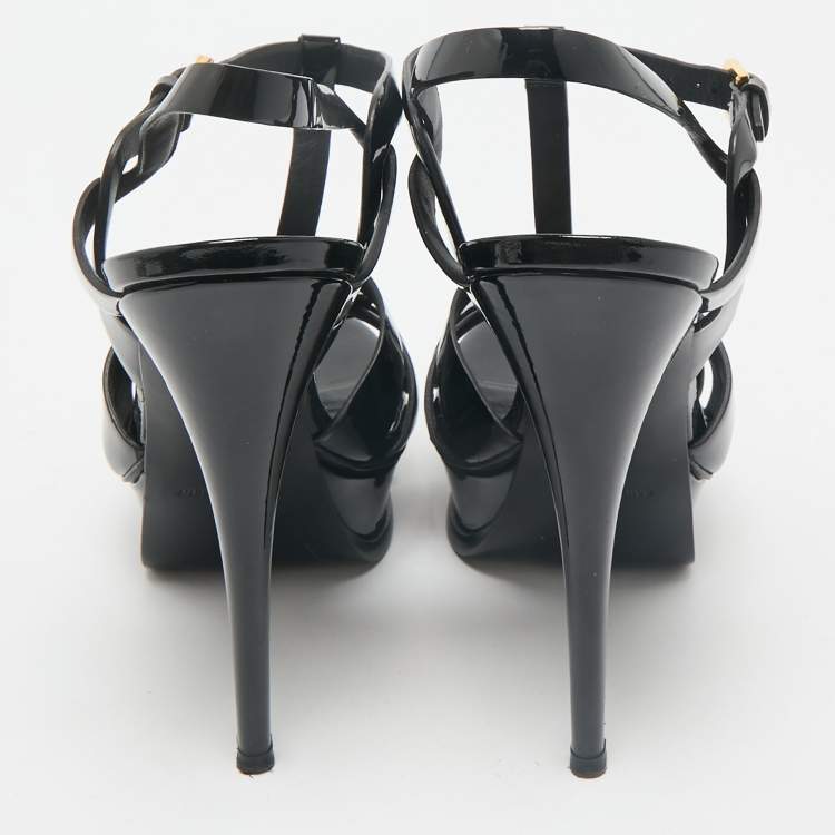 Pre Owned Saint Laurent Black Patent Leather Tribute Platform Sandals Size 38.5