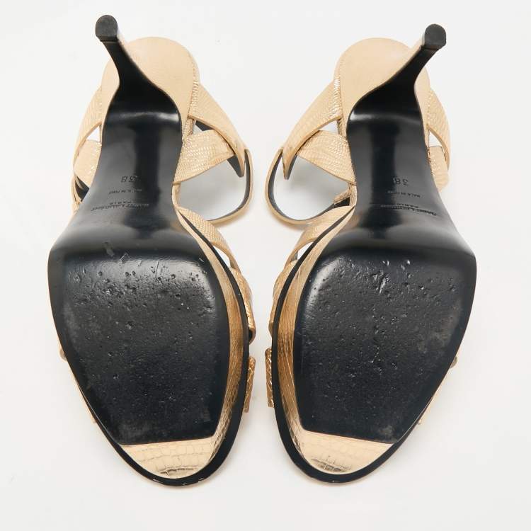 مملوكة مسبقًا Saint Laurent Gold Lizard Embossed Leather Tribute Ankle Strap Sandals Size 38