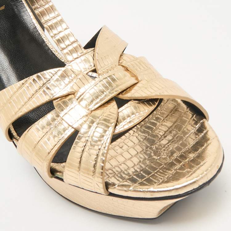 مملوكة مسبقًا Saint Laurent Gold Lizard Embossed Leather Tribute Ankle Strap Sandals Size 38