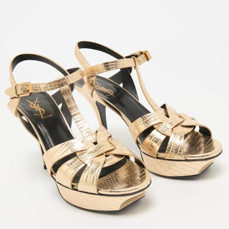 مملوكة مسبقًا Saint Laurent Gold Lizard Embossed Leather Tribute Ankle Strap Sandals Size 38