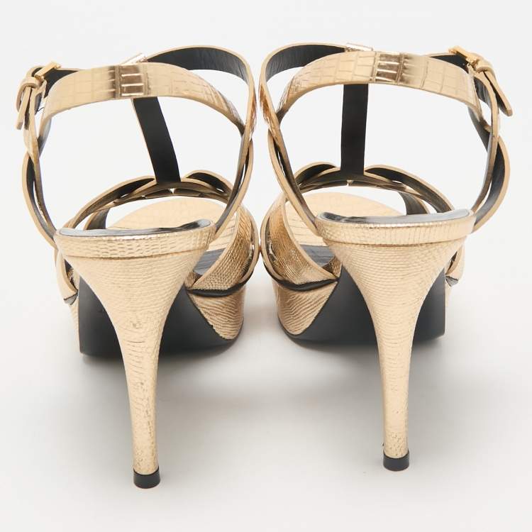 مملوكة مسبقًا Saint Laurent Gold Lizard Embossed Leather Tribute Ankle Strap Sandals Size 38