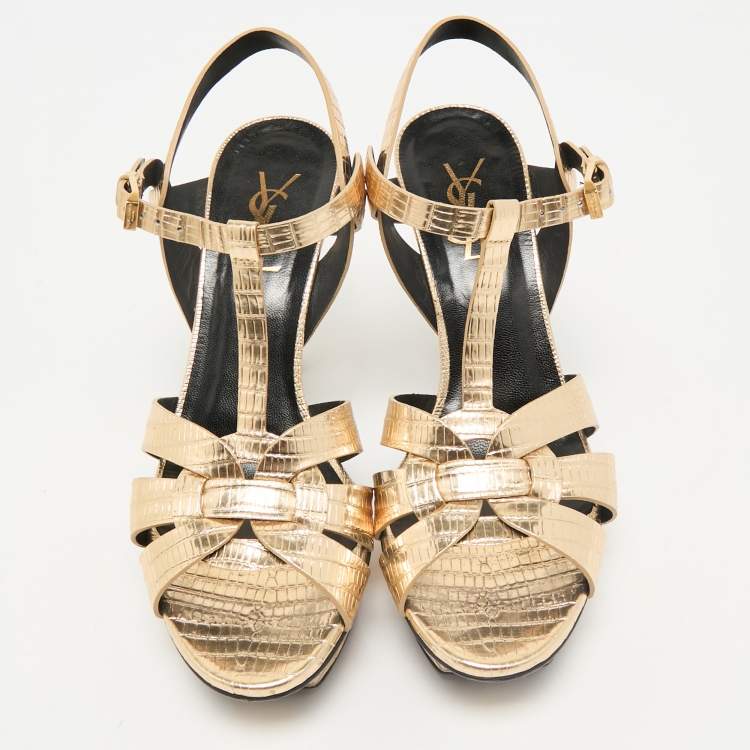 مملوكة مسبقًا Saint Laurent Gold Lizard Embossed Leather Tribute Ankle Strap Sandals Size 38