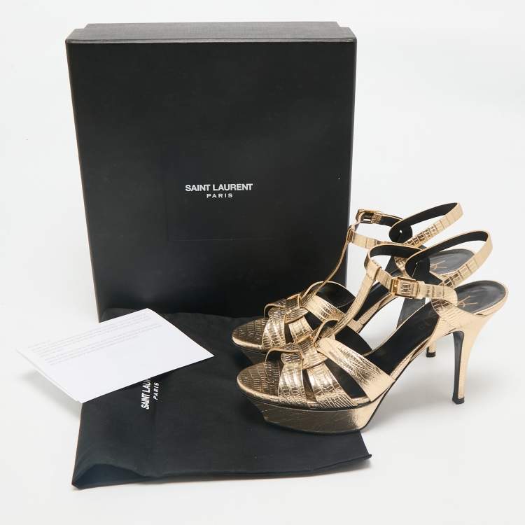 مملوكة مسبقًا Saint Laurent Gold Lizard Embossed Leather Tribute Ankle Strap Sandals Size 38
