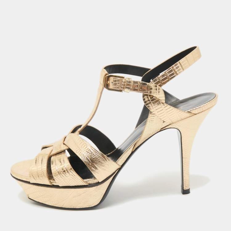 مملوكة مسبقًا Saint Laurent Gold Lizard Embossed Leather Tribute Ankle Strap Sandals Size 38
