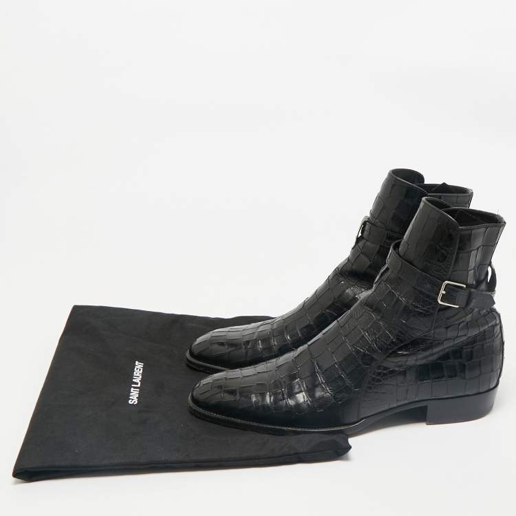 Pre Owned Saint Laurent Black Croc Embossed Leather Wyatt Ankle Length Boots Size 41.5
