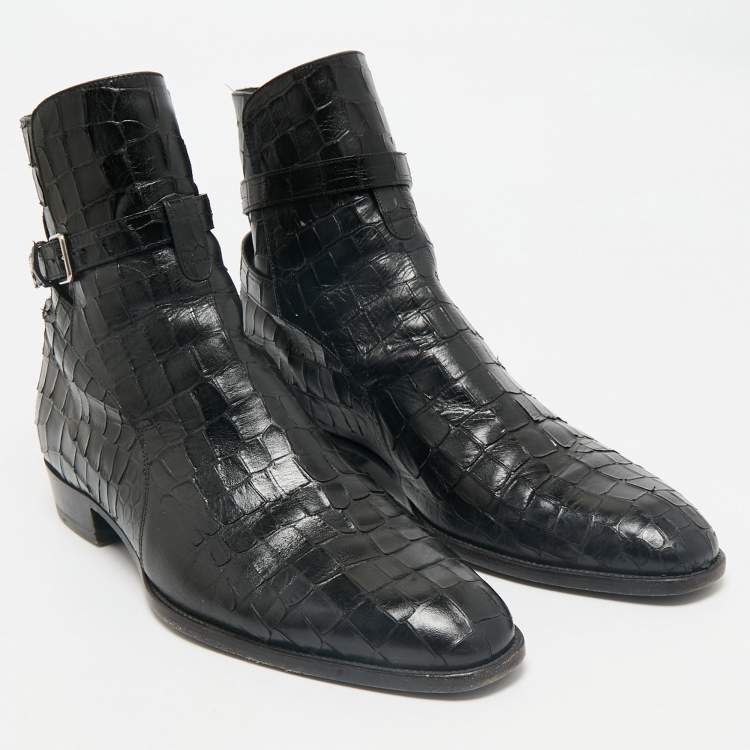 Pre Owned Saint Laurent Black Croc Embossed Leather Wyatt Ankle Length Boots Size 41.5