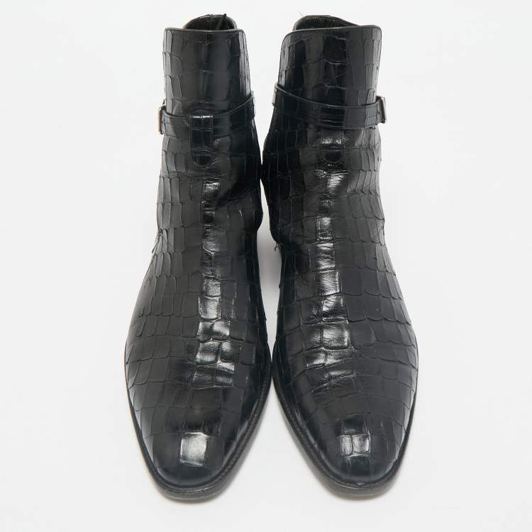 Pre Owned Saint Laurent Black Croc Embossed Leather Wyatt Ankle Length Boots Size 41.5