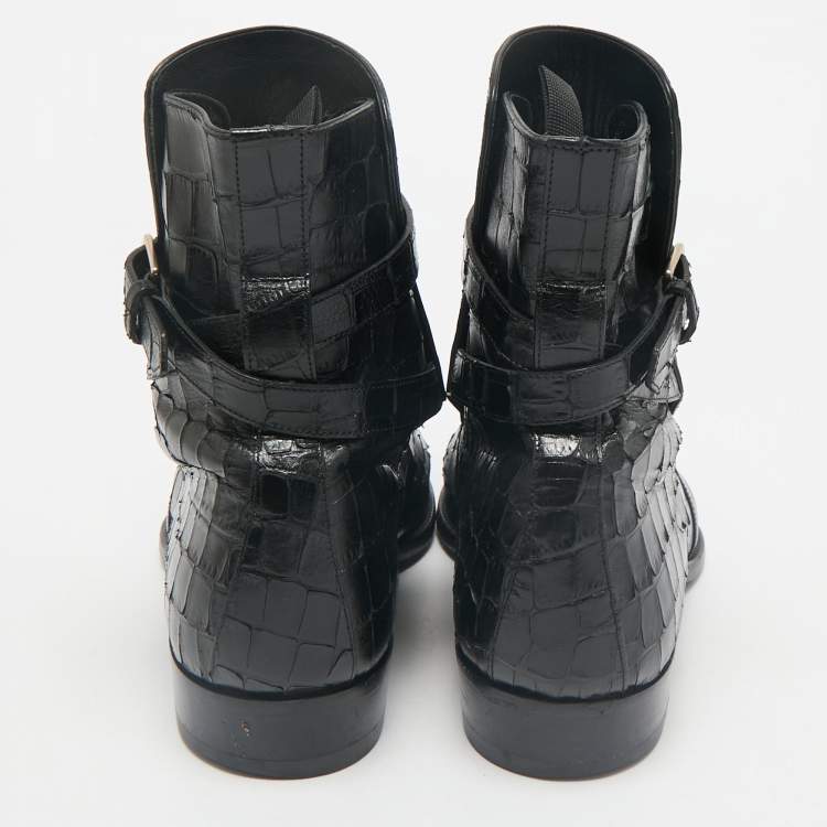Pre Owned Saint Laurent Black Croc Embossed Leather Wyatt Ankle Length Boots Size 41.5
