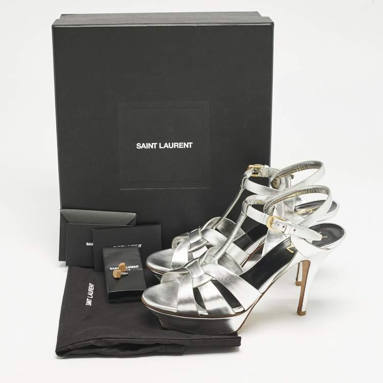 Pre Owned Saint Laurent Silver Leather Tribute Platform Sandals Size 38