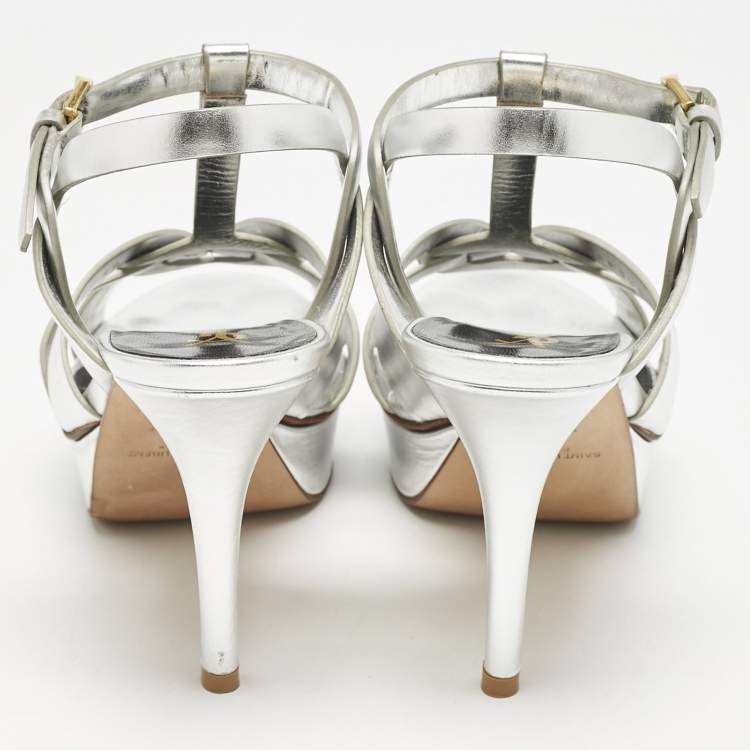 Pre Owned Saint Laurent Silver Leather Tribute Platform Sandals Size 38