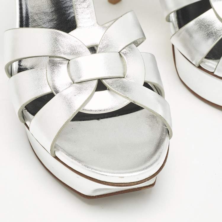 Pre Owned Saint Laurent Silver Leather Tribute Platform Sandals Size 38