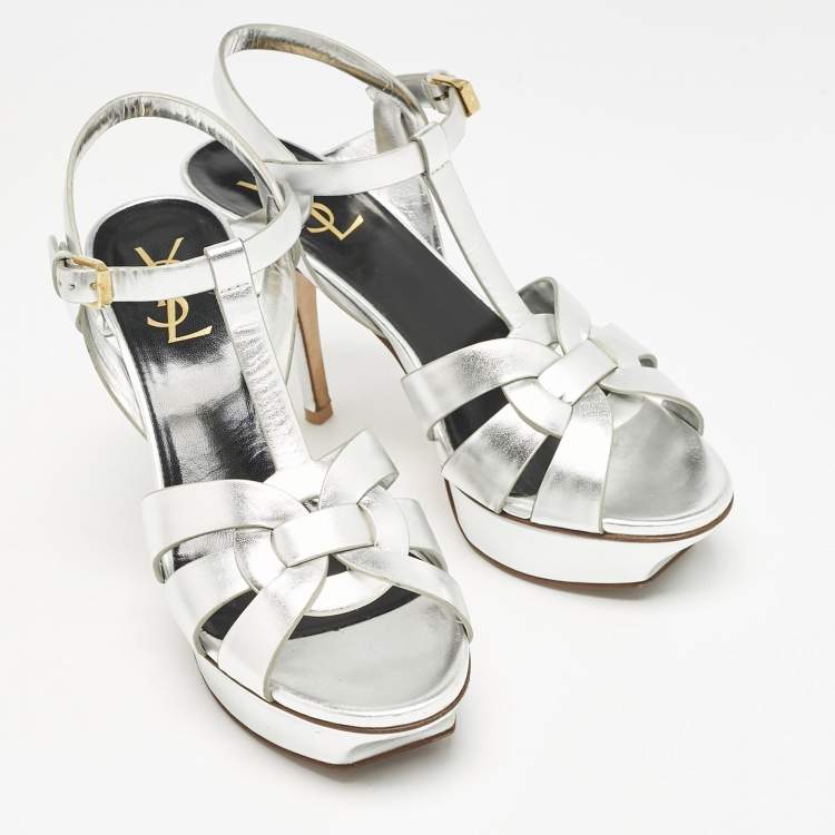 Pre Owned Saint Laurent Silver Leather Tribute Platform Sandals Size 38