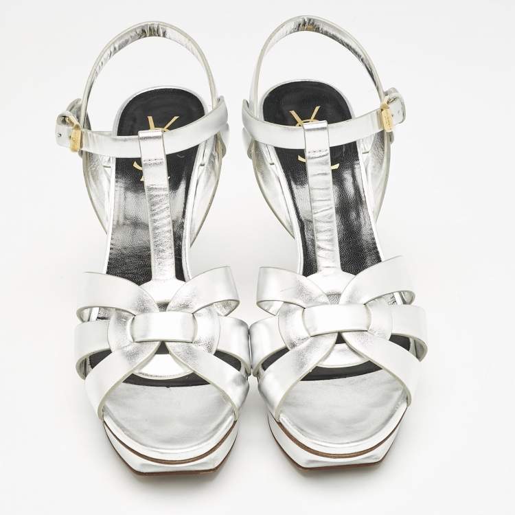 Pre Owned Saint Laurent Silver Leather Tribute Platform Sandals Size 38