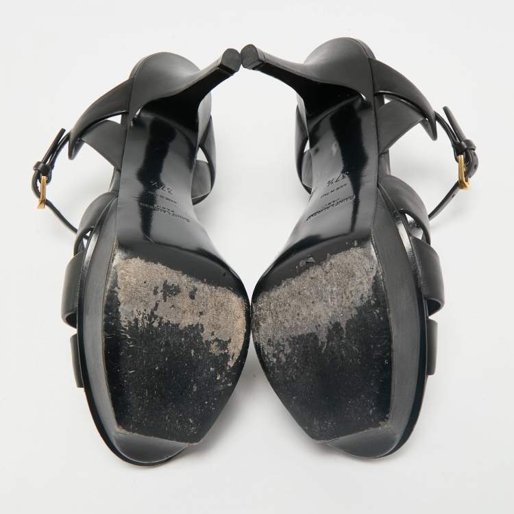 Pre Owned Saint Laurent Black Leather Tribute Platform Sandals Size 37.5