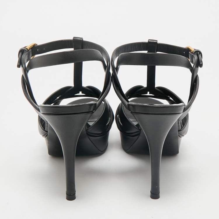 Pre Owned Saint Laurent Black Leather Tribute Platform Sandals Size 37.5